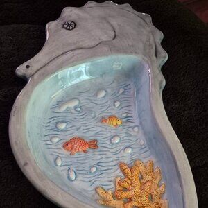 Debco Blue Novelty Seahorse Ceramic Serving Dish Relish Snack & Dip Beach Party